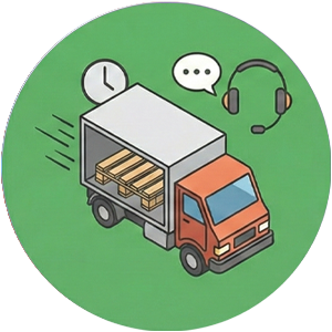 Furgone in movimento con pallet, supporto clienti e consegne rapide