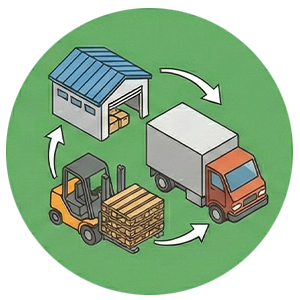Logistica ottimizzata con magazzino, carrello elevatore e camion di consegna