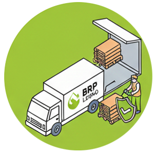 Camion BRP Legno che carica pallet con operatore e attrezzatura di sicurezza