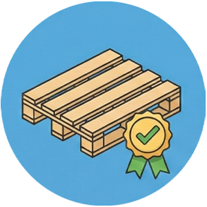 Pallet con simbolo di qualità certificata su sfondo blu