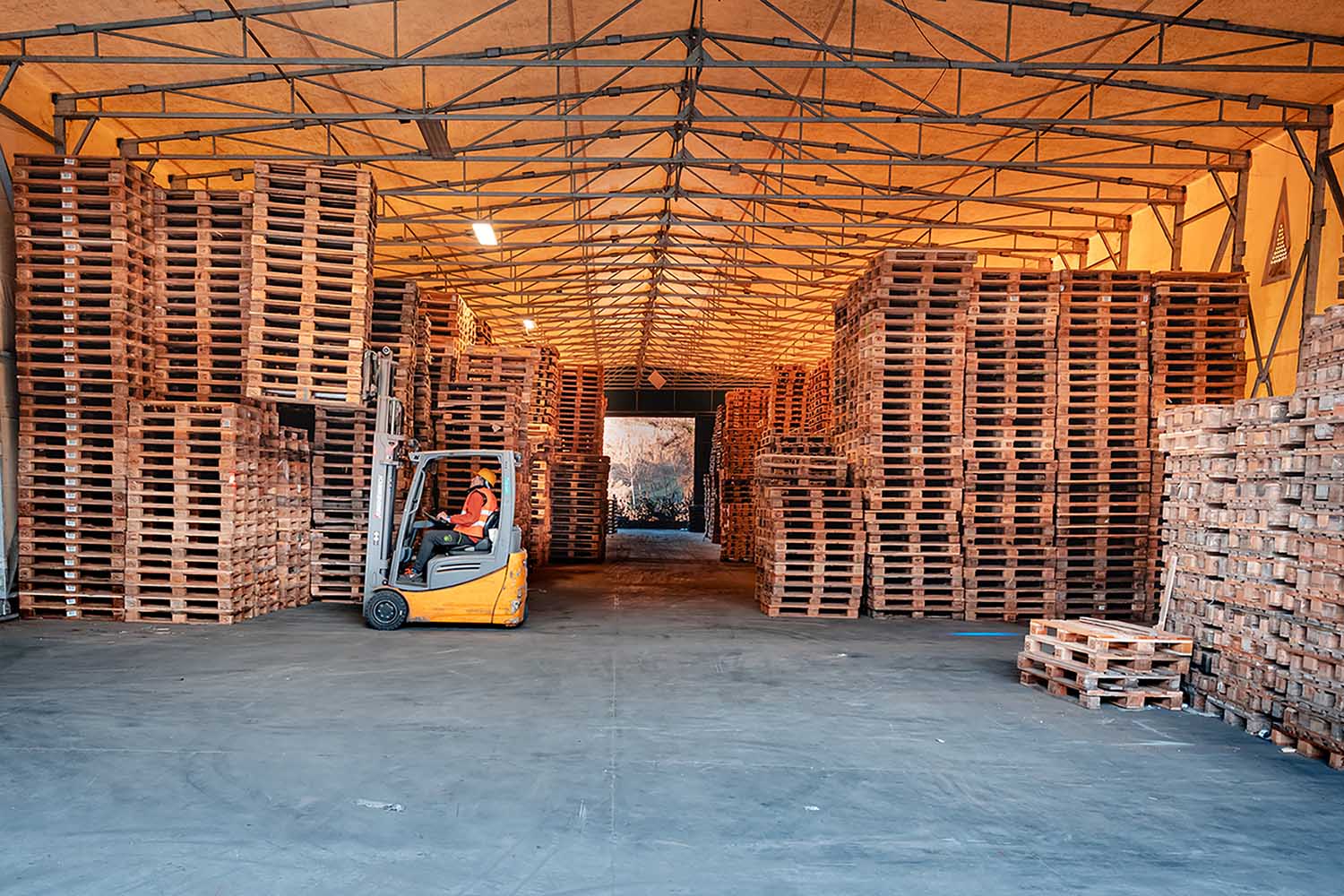 Magazzino di pallet con carrello elevatore in azione