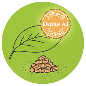 Logo di certificazione ENplus A1 su fondo verde con legno.